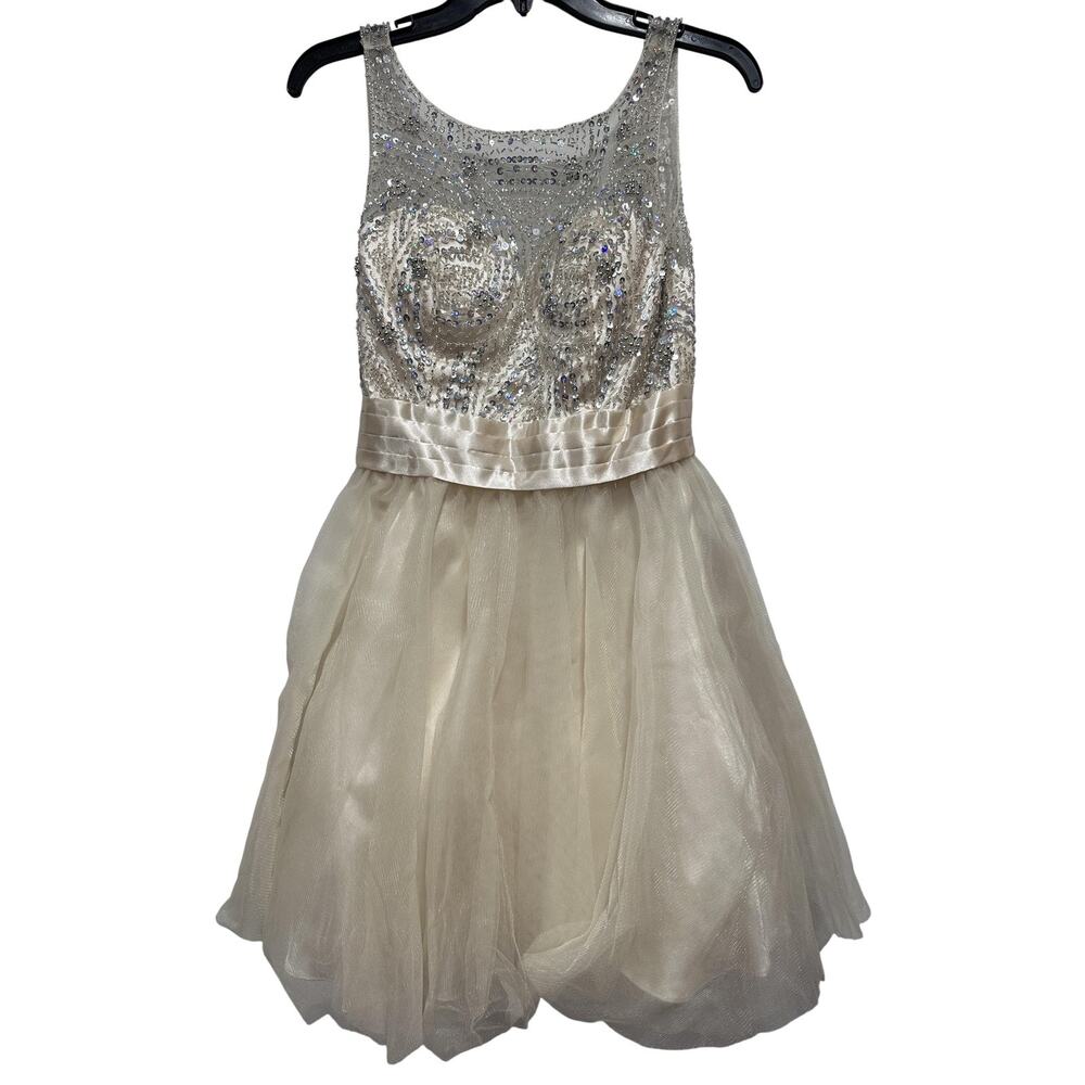 Y2K Dress Women Size 6 Ivory Sequin Beaded Tulle Cocktail Party HOCO Prom